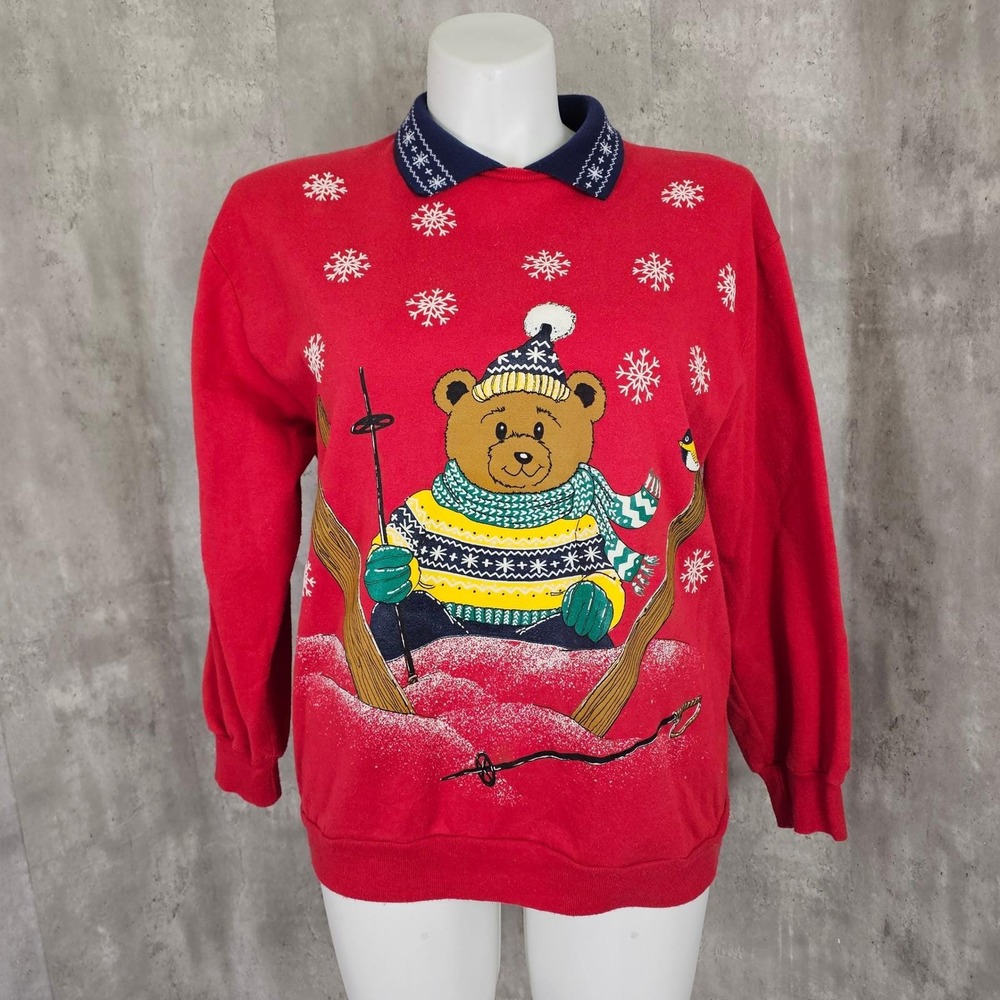 Vintage Bobbie Brooks Skiing Bear Christmas Snowflake Red Dbl Collar Sweatshirt